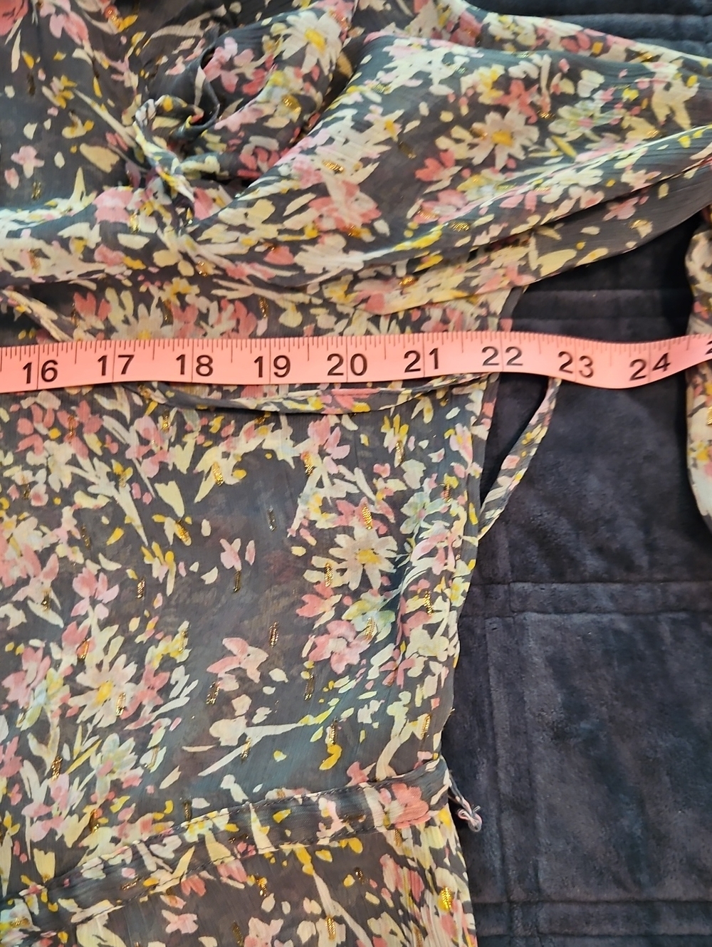 ANA Gray Floral Maxi Dress, Sheer Balloon Sleeves, Lined Slip, Cinched Waist, L - Picture 7 of 11